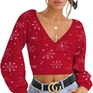 Snowflake Knitted Holiday and Christmas Long Sleeve Wrap Pullover Sweater